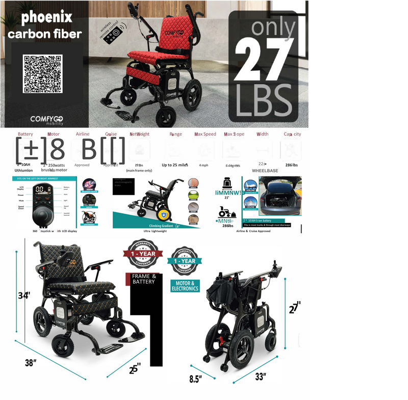 Phoenix Carbon Fiber Electric Wheelchair: Lightweight, Long-Range, Airline Approved